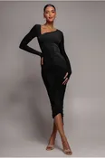 City Goddess Asymmetrical Neck Ruched Midi Dress - Black