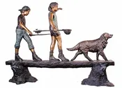 2 Kids Walking on a log with Dog Lost Wax Bronze Children Garden Statue Monumental