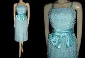 *VINTAGE JO ED SOPHISTICATES EYELASH RIBBON BOW SATIN & ORGANZA DRESS IN AQUAMARINE - NEW WITH TAG