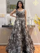 Bottle Green Organza Long Gown