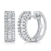 14k Gold 0.40Ct 28 Baguette Diamond and 0.40Ct Round Diamond Huggie Earrings