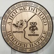 “House Divided, Border Battle” MN Gophers &amp; WI Badgers NCAA College Cribbage Board | 3-Track, 120-Point Round Game with Pegs & Cards