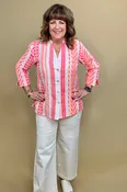 3/4 Sleeve Printed Button Down w/Trim