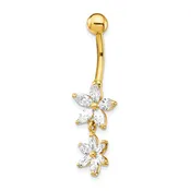 14k 14 Gauge CZ 2-Flower Dangle Belly Ring