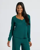 Womens Deep Emerald Waffle Long Sleeve Boxy Henley