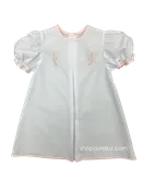 Auraluz Baby Dress. White with pink binding trim and embroidered bows
