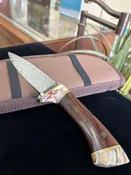 Custom Mammoth Tooth Knife with Iron Wood Handle and Damascus Steel Blade with Leather Sheath