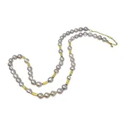 14K Gold Long Pearl Necklace with Gold Stations