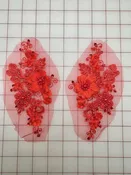 Applique - 3D Flowers Beaded Embroidered Red Pairs