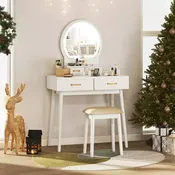 Coiffeuse avec Miroir, Tabouret Rembourré et 3 Modes d'Éclairage LED