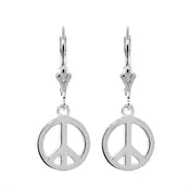 11mm Peace Sign Charm Lever Back Earrings in 14k White Gold