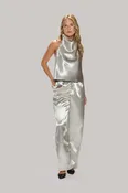 Metallic Twill Darted Welt Back Wide-Leg Pants