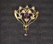 Antique Victorian 9ct Gold Seed Pearl and Purple Glass Floral Pendant Pin