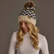 Beige, Navy & Lt. Blue Patterned Pom Hat