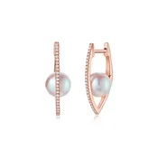 14KR Floating Pearl Diamond V Hoop Earring