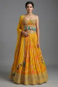 Amber Yellow Mustard Organza Printed Lehenga Set
