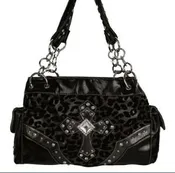Black and Bronze, Leopard Print, Rhinestone Cross, Handbag