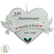 25th Anniversary Doves and Heart Personalized Keepsake Ornament SILVER