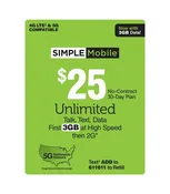 30 day $25 Unlimited Calls, Text, and 5GB Data at high speeds Simple Mobile (NON REFUNDABLE)