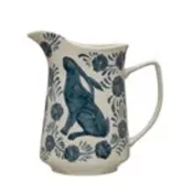 3 Quart Hand-Painted Stoneware Pitcher w/ Rabbit & Flowers