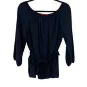 Carolina Herrera Cotton Silk Blend Navy 3/4 Sleeve Belted Blouse Womens 12