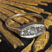 Antique Art Deco Old European Cut Diamond Trilogy 14k Gold Two Tone Engagement Ring