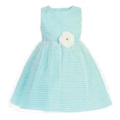 Aqua Striped Tulle Dress with Rhinestone Trim