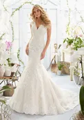 Crystal Beaded Embroidered Appliqués and Scalloped Hemline on Net Morilee Bridal Wedding Dress — Celebrations Bridal and Formal