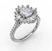 14K WHITE GOLD ENGAGMENT RING WITH BAGUETTE DIAMOND HALO