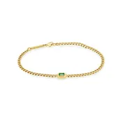 14K Gold Small Hollow Curb Chain Bracelet with Bezel-Set Emerald