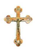 23" Olive Wood Crucifix with Abalone Inlay and Holy Land Relics