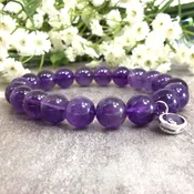 10mm Natural Amethyst Bracelet with Sterling Silver February Birthstone Purple CZ Charm Pendant Healing Crystal Elastic Bracelet