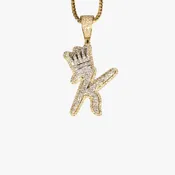 10K White and Yellow Gold Double Layer “K” Initial with Crown Diamond Pendant