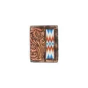 3D MENS TRIFOLD WALLET HAND TOOLED SCROLL EMBROIDERED INLAY BROWN