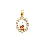 14K Tri-Color Gold Quinceañera Oval Pendant with CZ Halo & Rose – Sweet 15 Charm