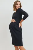 3/4 Sleeve Round Neck Front Pleat Maternity Dress