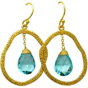 Sterling Silver Blue Topaz Earrings, 18k Gold Overlay, Drop Dangle Design