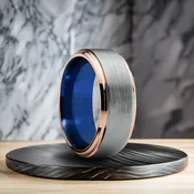 8 mm Brushed Tungsten and Gold/Blue Inlay Ring Model #975