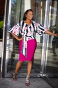 Black & White Stripe Rose Print Wrap Satin Blouse