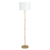 Stellar Wood Rattan Tube , Gold Brass Metal and White Linen Shade Floor Lamp