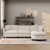 Beige Fabric 4-Seater Sectional Sofa with Ottoman