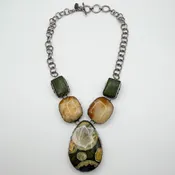 925 Sterling Silver Necklace With Green And Amber Stones Large Pendant