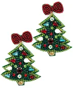 Bedazzled Christmas Tree Beaded Earrings With Red Bow
