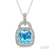 10x10 MM Cushion Shape Blue Topaz and 1/20 Ctw Round Cut Diamond Pendant in Sterling Silver with Chain