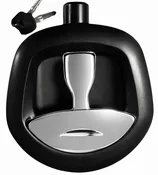 Die Cast Folding Compression "Whale Tail" Latch, 3-pt, key locking w/ padlockable feature, 5.55" L x 5.52" W, LH, black powder coat body/chrome handle, cylinder plug installed, accepts double-bitted key cylinder w/over-molded keys, keyed J202