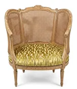 Antique French Cane Barrel Chair and Half