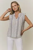 Boho Print Ruffle Cap Sleeve Blouse