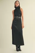 Black High Neck Belted Sleeveless Dress