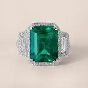 7.06ct Colombian Emerald and Trapezoid Diamond Three-Stone Ring