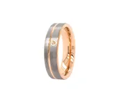 6mm Custom Made Flat Shaped Tungsten Ring with Rose Gold Plated Interior, Offset Rose Gold Plated Groove and Round Cut Diamond